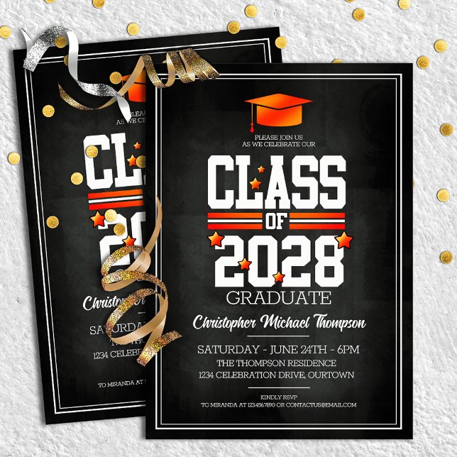 Invitation Couleurs de l'école Noir et Orange Graduation Part (Créateur téléchargé)