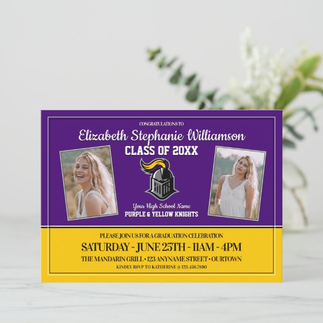 Invitation Couleurs de l'école Purple et Jaune fête de gradua (Debout devant)