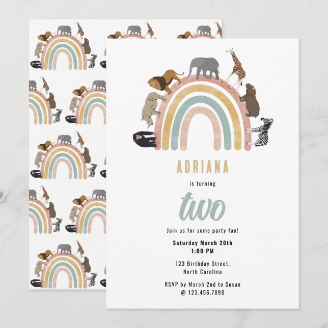 Invitation Couleurs de terre Arc-en-ciel Jungle Animaux Anniv (Devant / Derrière)
