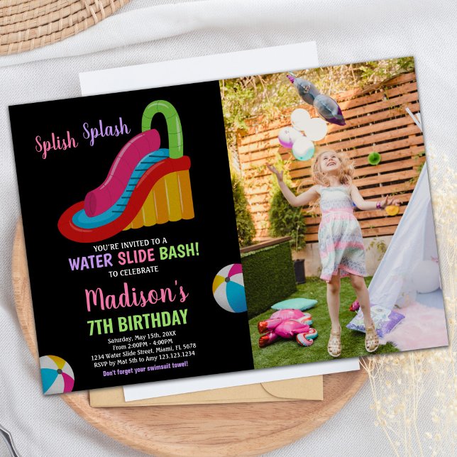 Invitation Couleurs noir rose photo Diapositive d'eau Anniver (Colors Black Pink Photo Water Slide Birthday Invitation)