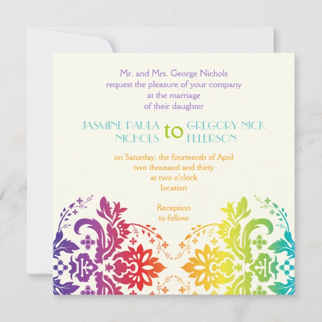 Invitation couleurs Rainbow mariage damassé (Devant)