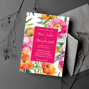 Invitation Couleurs vives rose orange pivoines élégant mariag
