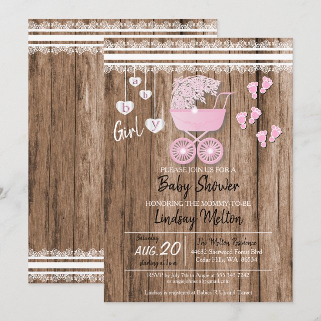 Invitation Country Baby Girl Douche Design (Devant / Derrière)