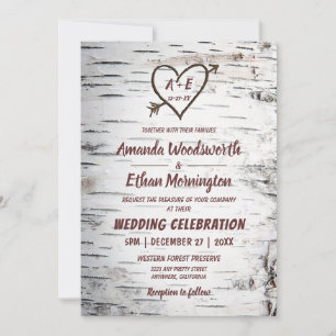 Invitation Country Birch Tree Bark Heart Flèche Mariage rusti