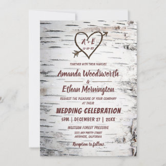 Invitation Country Birch Tree Bark Heart Flèche Mariage rusti
