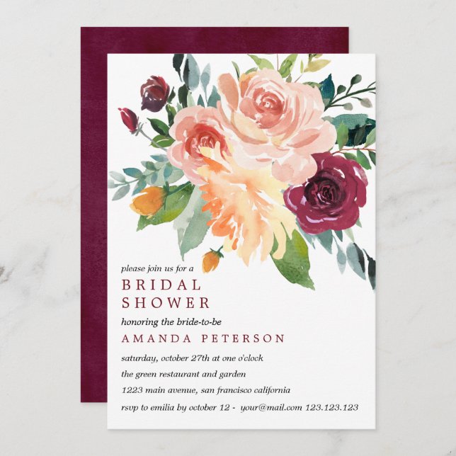 Invitation Country Bloom Bride Bouquet Bourgogne Fête des mar (Devant / Derrière)