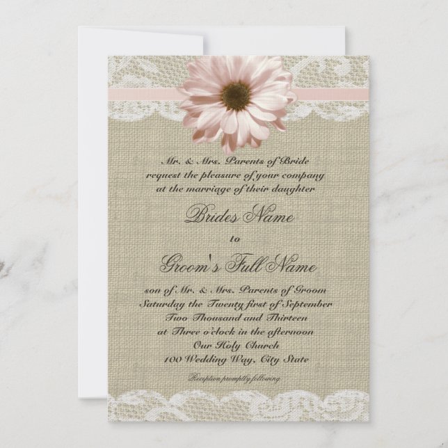 Invitation Country Blush Daisy et Lace Rustic Burlap Mariage (Devant)