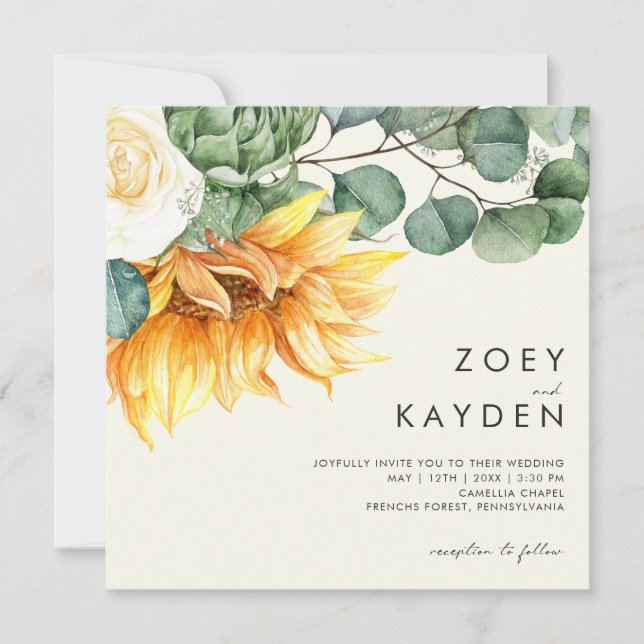 Invitation Country Bouquet de tournesol Jaune Carré Mariage (Devant)