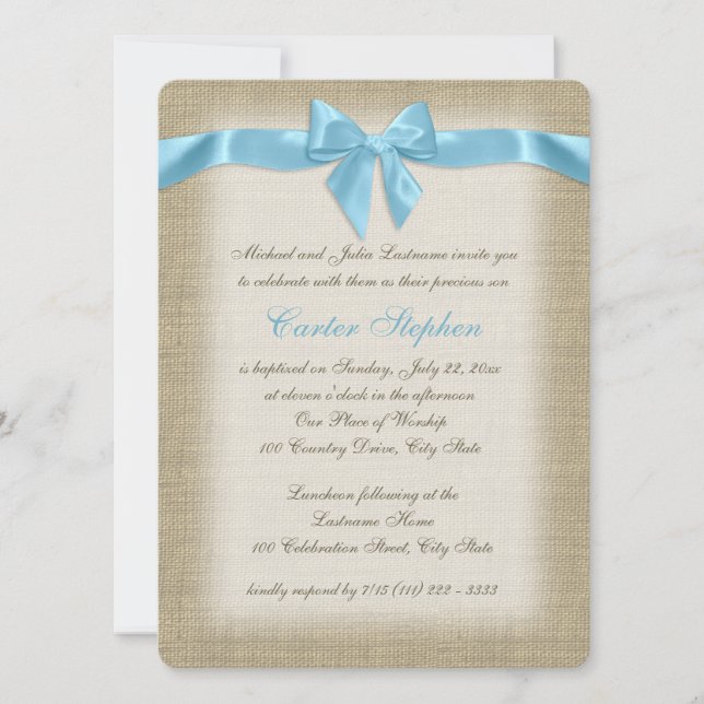 Invitation Country Burlap Bébé Bleu Christening (Devant)