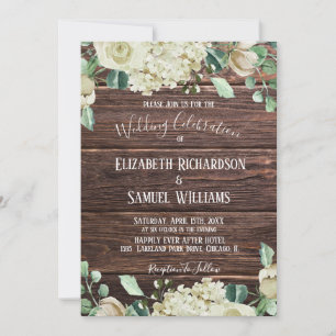 Invitation Country Chic Bois rustique Blanc Floral Aquarelle