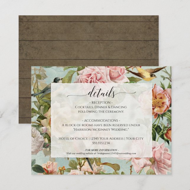 Invitation Country Chic Floral Dusty Rose Bleu Détails (Devant / Derrière)