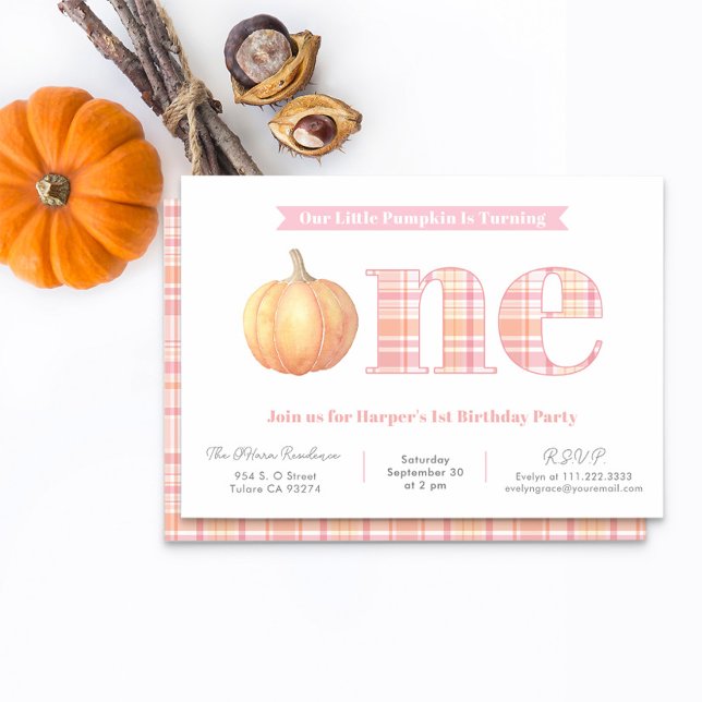 Invitation Country Chic Madras Plaid Girl 1er Anniversaire (Preppy pink peach and pumpkin orange madras plaid 1st birthday party invitation for little girl)