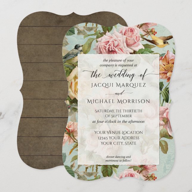 Invitation Country Chic Rose Fleur rose Mariage en bois rusti (Devant / Derrière)