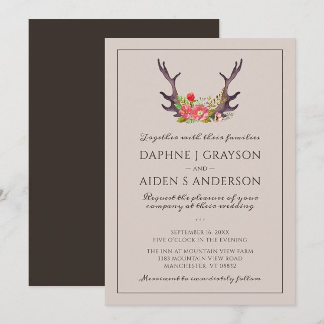Invitation Country Deer Antler Floral Mariage (Devant / Derrière)