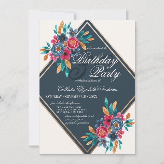 Invitation Country Fall Blue Gold Aquarelle Fleurs Anniversai (Devant)