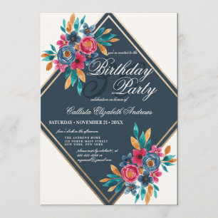 Invitation Country Fall Blue Gold Aquarelle Fleurs Anniversai