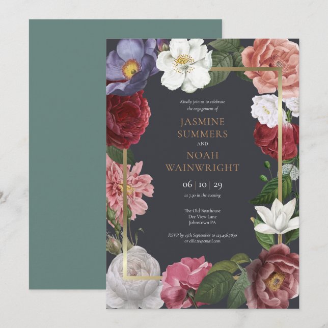 Invitation Country Garden Roses Floral Engagement Party (Devant / Derrière)