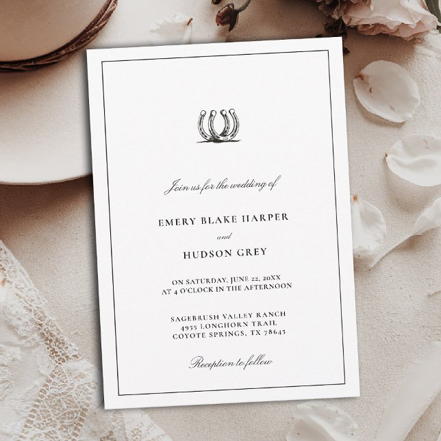 Invitation Country Horseshoe Frame Western Elegant BW Wedding (western wedding invitation cowboy country horseshoes horse lovers black white art sketch elegant)