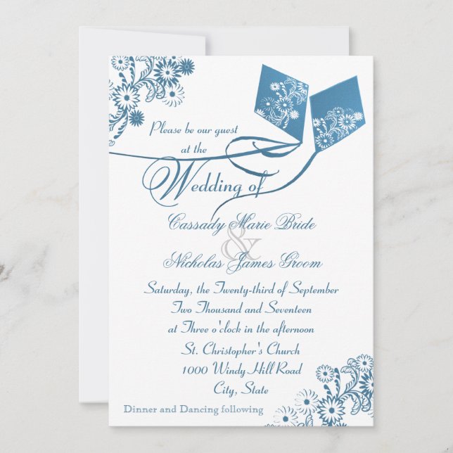 Invitation Country Kites Bouquet Mariage Bleu (Devant)