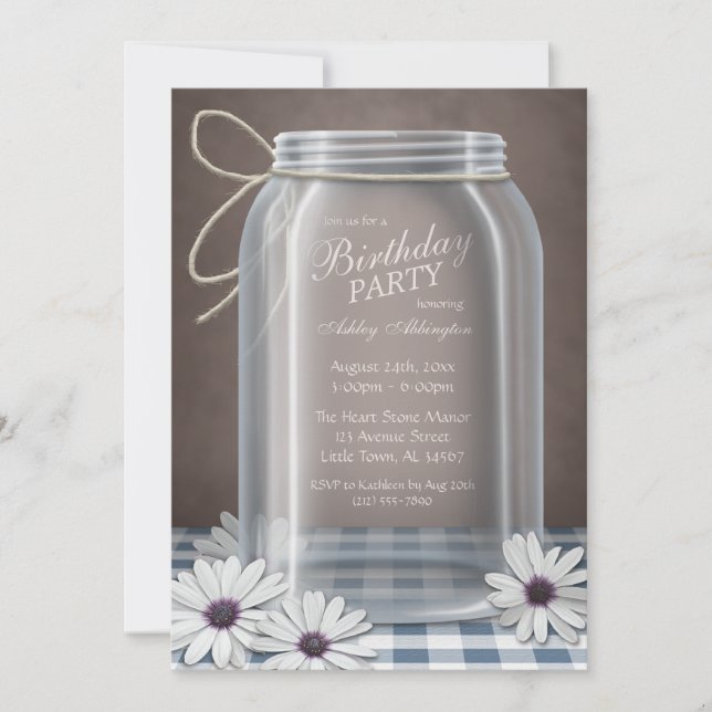 Invitation Country Mason Jar Blue En vichy fête d'anniversair (Devant)