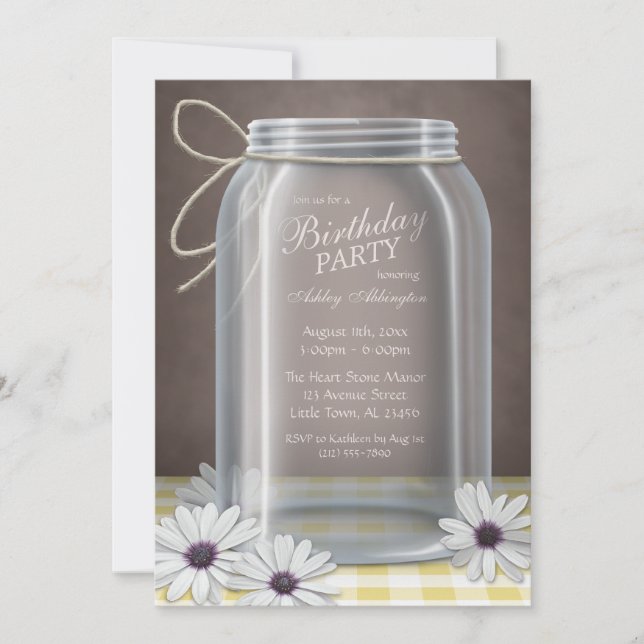 Invitation Country Mason Jar Jaune En vichy fête d'anniversai (Devant)
