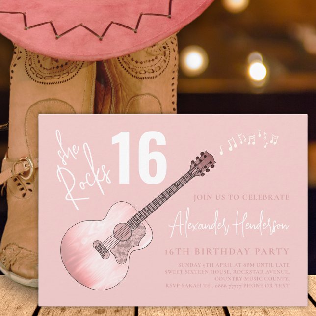 Invitation Country Music Guitar 16e anniversaire fête rose (16th birthday party pink country guitar music invitation )