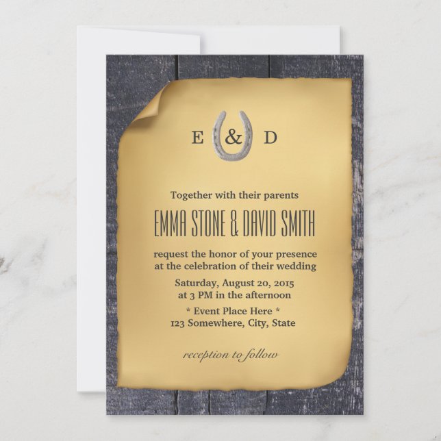 Invitation Country Rustic Horseshoe Mariage de bois de grange (Devant)