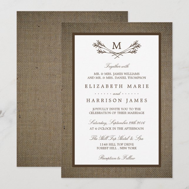 Invitation Country Rustic Monogramme Branche & Mariage Burlap (Devant / Derrière)