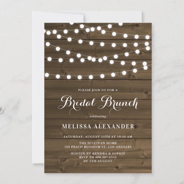 Invitation Country Rustic String Lumières Bois Bridal Brunch (Devant)