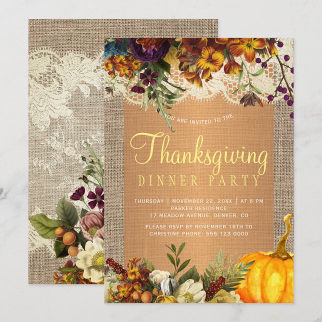 Invitation Country rustique burlap floral Thanksgiving dîner (Devant / Derrière)