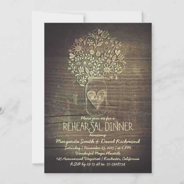 Invitation country rustique mason jar fleur de répétition dîn (Devant)