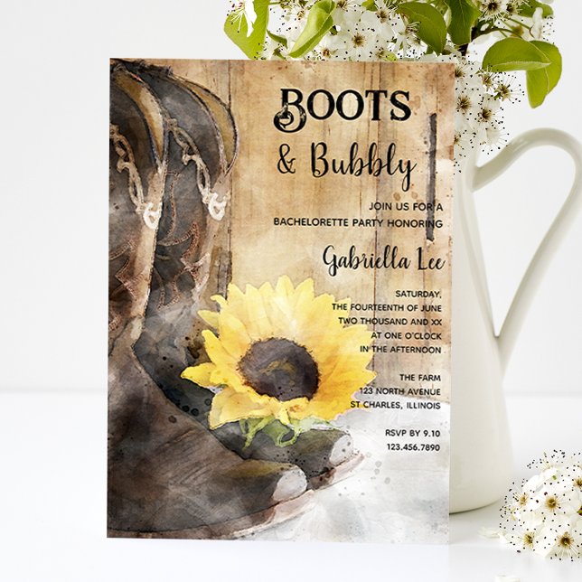Invitation Country Sunflower Boots Bubly Bachelorette Party (Créateur téléchargé)