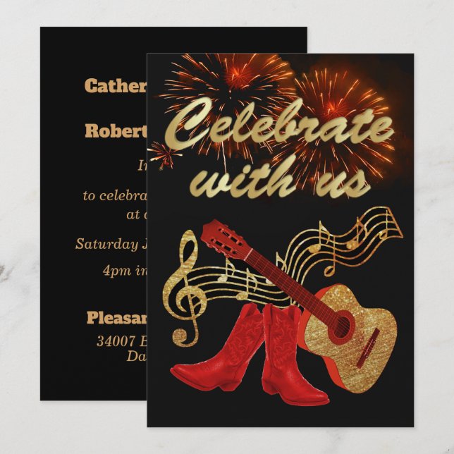 Invitation Country Western Music Guitare Et Bottes Red Cowboy (Devant / Derrière)