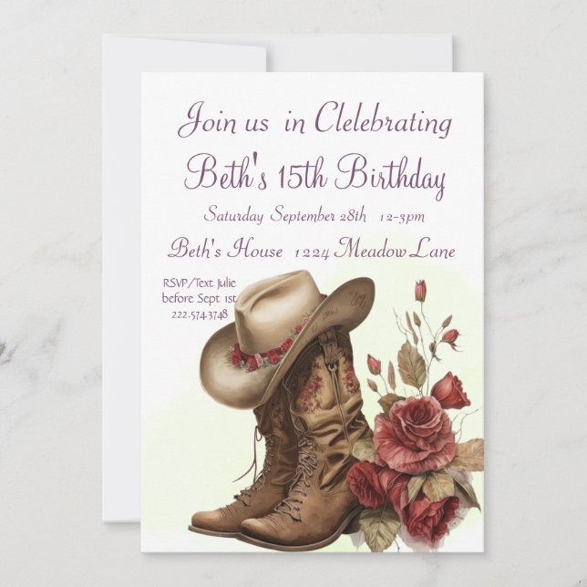 Invitation Country Western, Rose, 15e anniversaire (Devant)