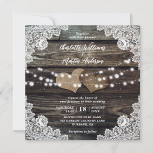 Invitation Country Wood Burlap Hearts Floral Lace Mariage