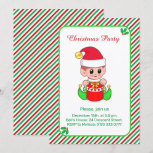 Invitation Coupable elfe sur le vert, fête de Noël à rayures