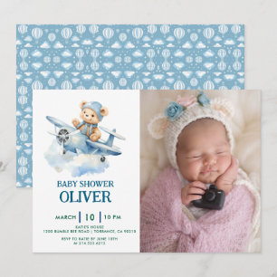 Invitation Coupe Bear Blue Plane Time Vol Un 1er anniversaire