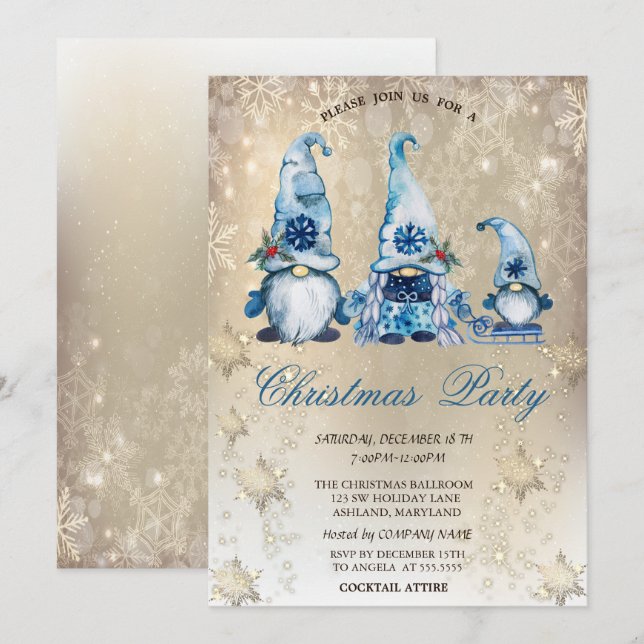 Invitation Coupe Bleue Gnomes Snowflakes Gold Party (Devant / Derrière)