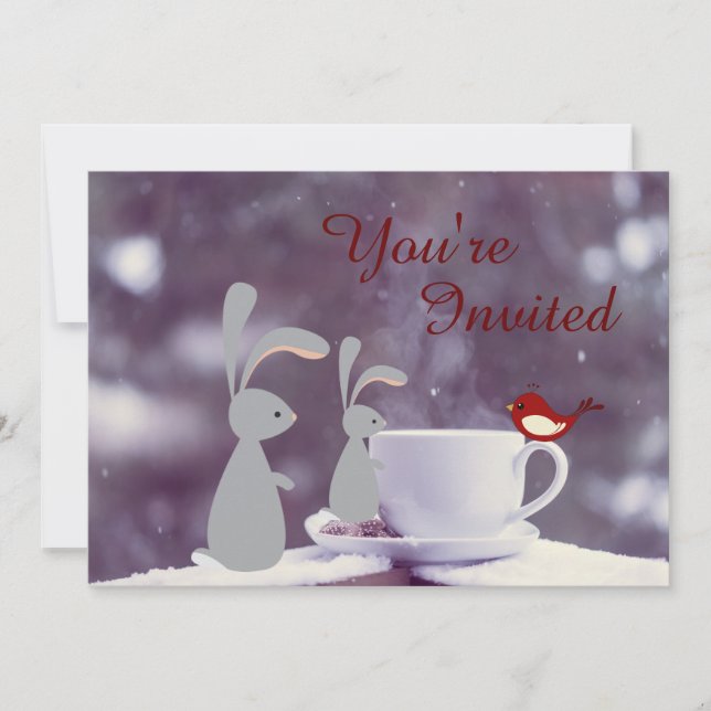 Invitation Coupe de lapin mignonne et de thé en Neige 1er ann (Devant)