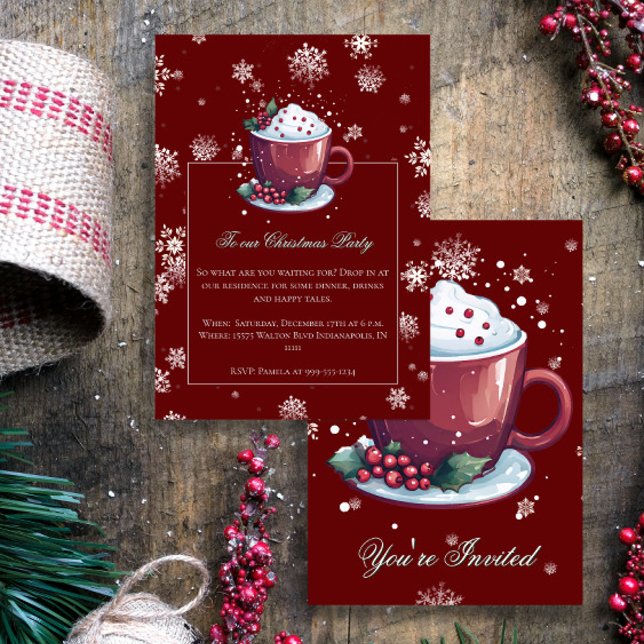 Invitation Coupe de Noël Hot Chocolate Fête Rouge (Red Christmas Cup of Hot Chocolate Party Invitation)