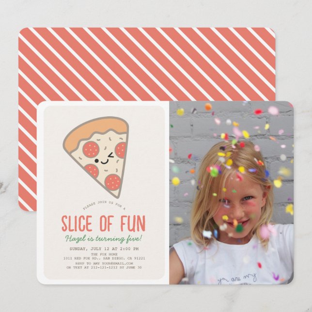 Invitation Coupe de Pizza Party Kawaii fête d'anniversaire (Devant / Derrière)