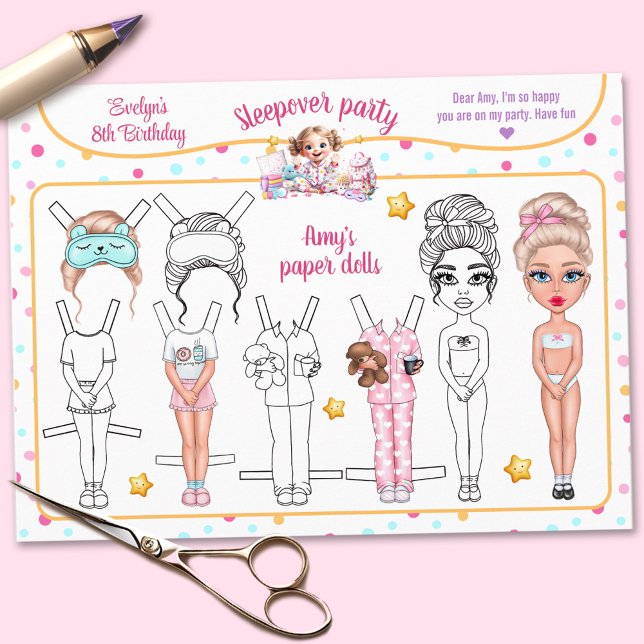 Invitation Coupe de poupée de papier de la partie de bois (Sleepover Slumber Party Game Cutout Paper Doll)