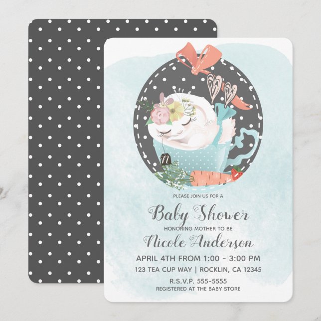 Invitation Coupe de thé couché lapin lapin Baby shower de pri (Devant / Derrière)