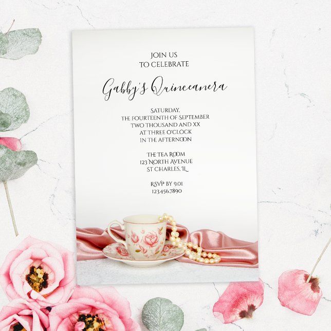 Invitation Coupe de Thé Floral Rose avec Parti Quinceanera Pe (Créateur téléchargé)