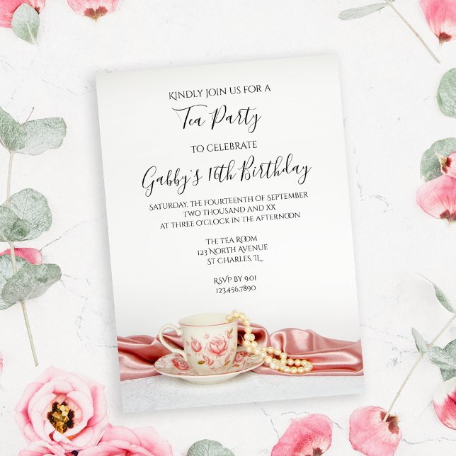 Invitation Coupe de thé rose floral et perles fête d'annivers (Créateur téléchargé)