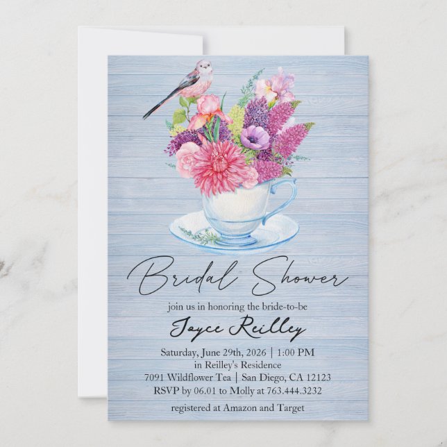 Invitation Coupe fleur sauvage Dusty Blue Wood Fête des marié (Devant)