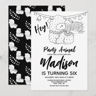 Invitation Coupe Llama Anniversaire de enfant Party Noir Blan