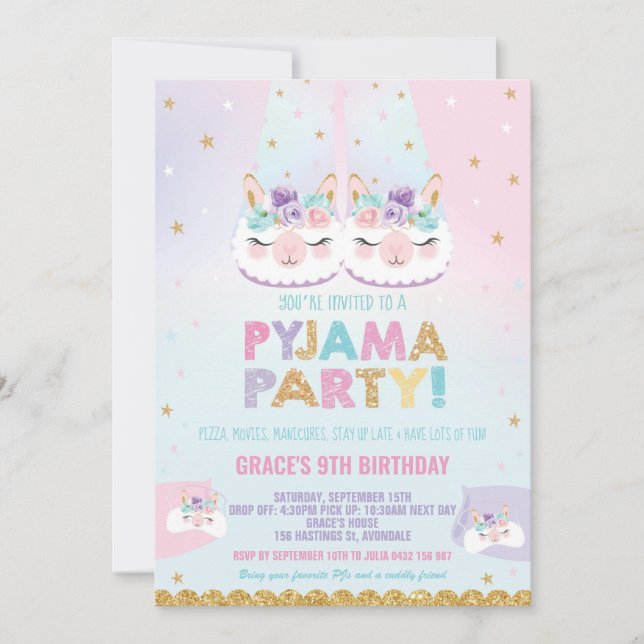 Invitation Coupe Llama Pyjama Anniversaire Dormir de fête Stw (Devant)