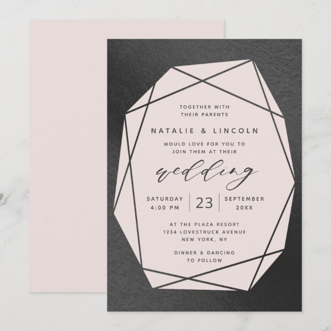Invitation Couper Gemstone Blush Pink & Black Foil Mariage (Devant / Derrière)