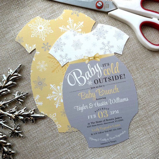 Invitation Couper votre propre maillot de bébé Jaune Snowflak (DIY Cut Out Your Own Baby Bodysuit Shape Invite, Baby It's Cold Outside, yellow Gray, gender neutral)